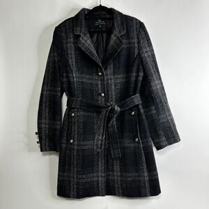Collection by Gallery Womens Large Plaid Belted Wool Blend Pea Coat Black Gray